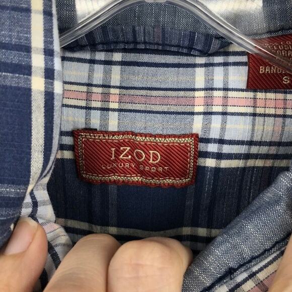 Izod Men's Plaid Button Up Shirt S Blue Pink Utility Roll Tab Long Sleeve Cotton - Picture 7 of 9